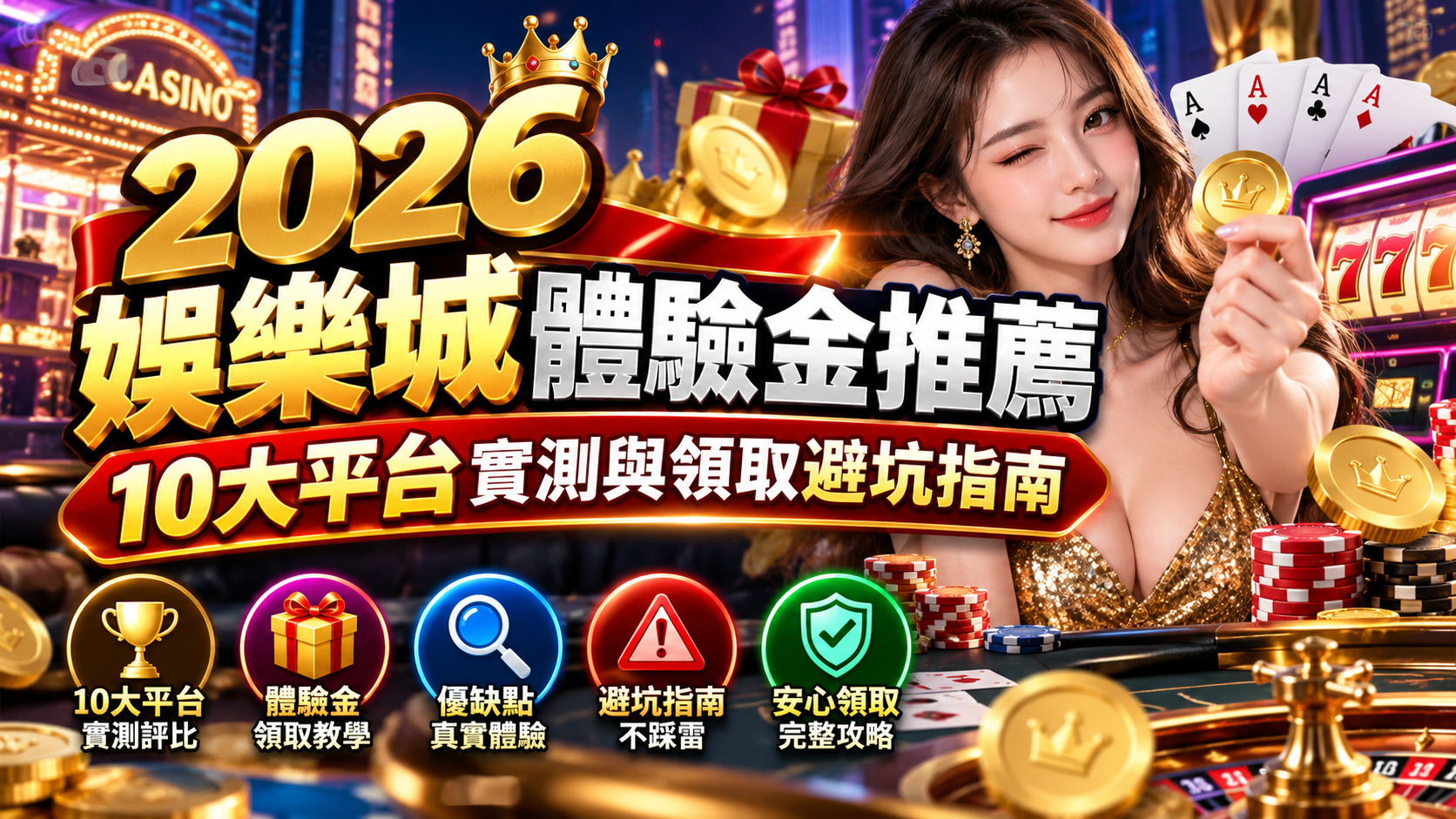 圖片以奢華霓虹賭場為背景,搭配金幣、籌碼與美女元素,突顯2026娛樂城體驗金推薦及10大平台比較主題。 透過醒目的繁體中文標題與圖示,呈現體驗金領取教學、平台優缺點分析及出金條件避坑指南。