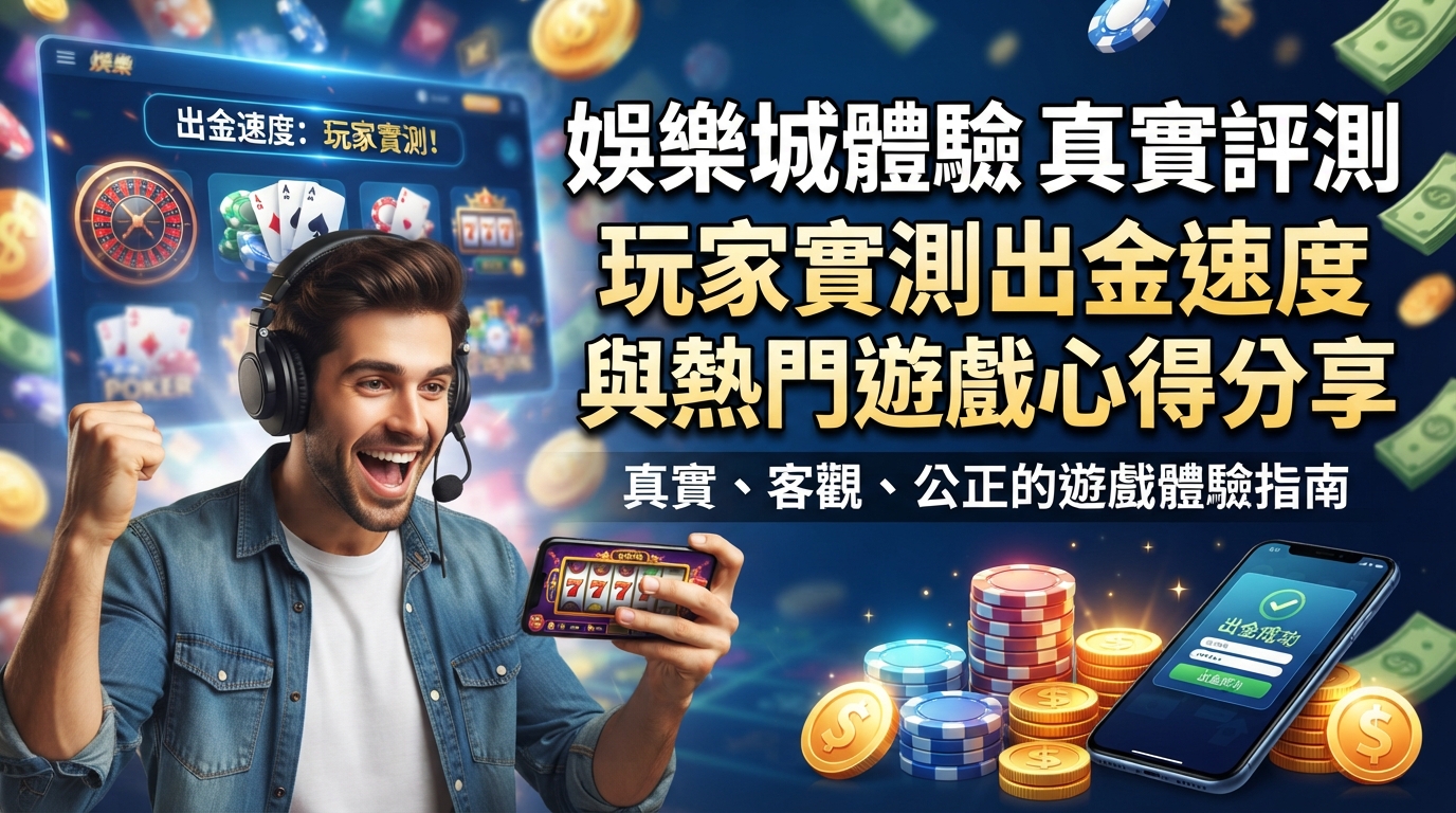圖片展示了一位玩家正興奮地拿著手機查看出金成功畫面，背景則融合了籌碼、金幣與娛樂城熱門遊戲元素。 畫面右側醒目標註了文章標題與真實評測的主題文字，呈現專業且吸引人的SEO縮圖風格。