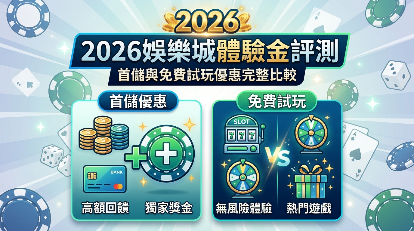 這張圖片是針對「2026娛樂城體驗金評測」主題設計的 16:9 SEO 文章縮圖。 圖中採用藍綠色調與撲克牌、籌碼等元素，並以繁體中文清楚標示首儲優惠與免費試玩的評測比較。